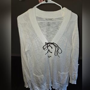 American Rag Cream V-Neck Sweater with Lace-Up Detail Size XS